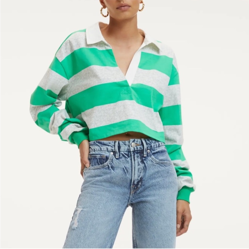 Good American Green & Gray Striped Cropped Rugby Polo long sleeve shirt